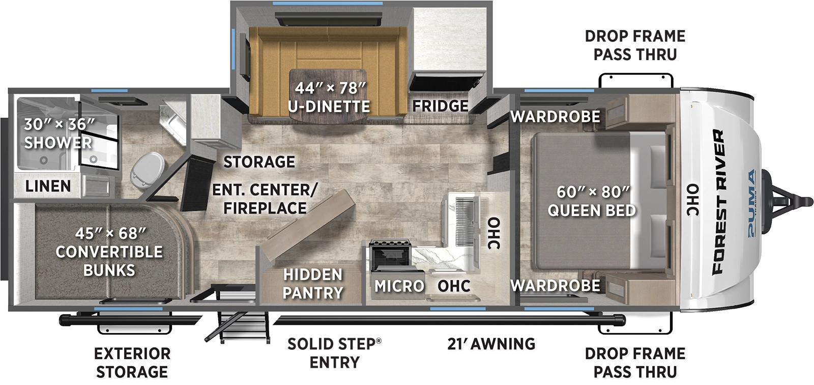 The Puma Tracks 2430BHS floorplan has one entry and one slide out. Exterior features include: fiberglass exterior and 21' awning. Interiors features include: bunk beds, u-dinette and front bedroom.